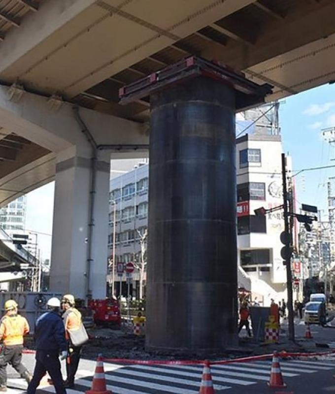 What on earth? Four-storey steel cylinder suddenly shoots out of Osaka street