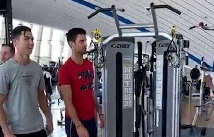 Cristiano Ronaldo teaches Novak Djokovic how to score a goal in Dubai