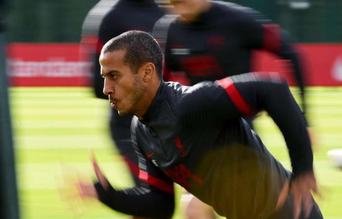 Thiago works out with Mohamed Salah and Sadio Mane as he bids for first Liverpool start against Arsenal - in pictures
