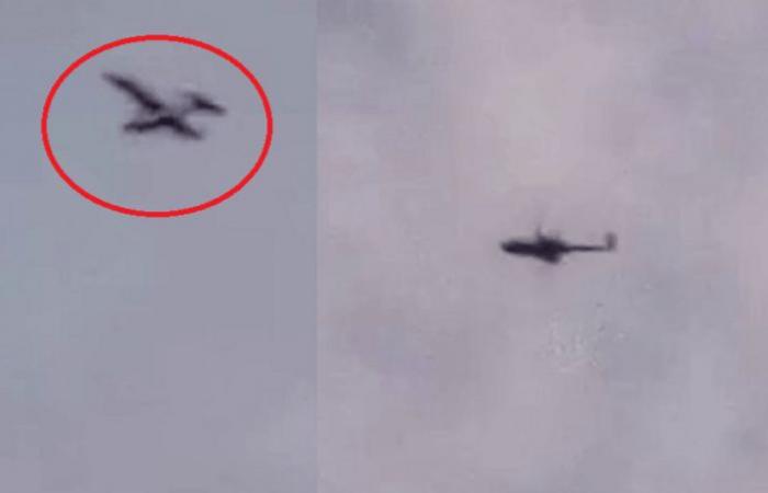 In the video, helicopters chase a drug plane in the sky,...