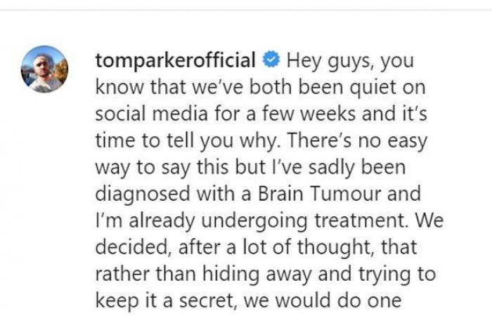 Wanted star Tom Parker reveals he has been diagnosed with a...