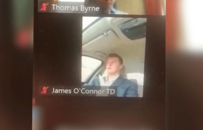 Fianna Fail TD James O’Connor participates in the Zoom call while...