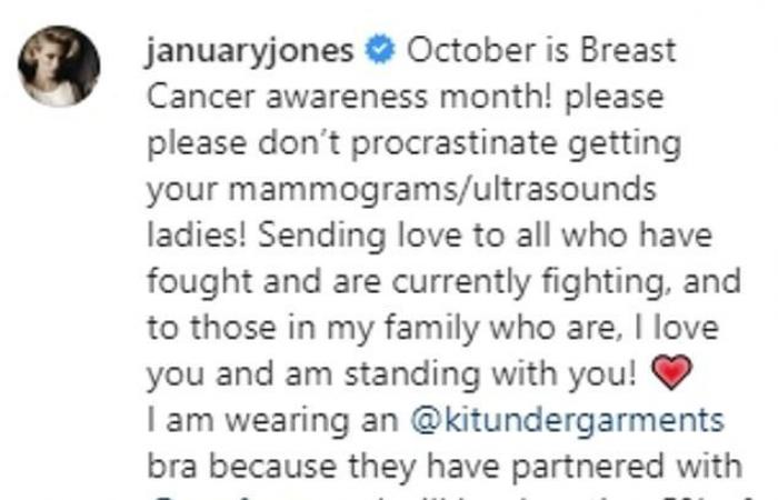 January Jones poses in a pink bra for Breast Cancer Awareness...