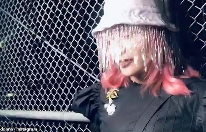 Madonna poses in black with pink hair in front of a...