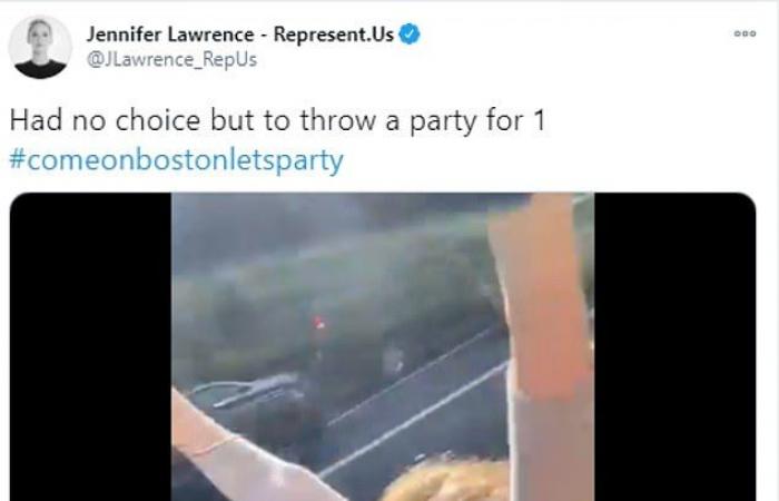 Jennifer Lawrence looks overjoyed as she runs through Boston to celebrate...