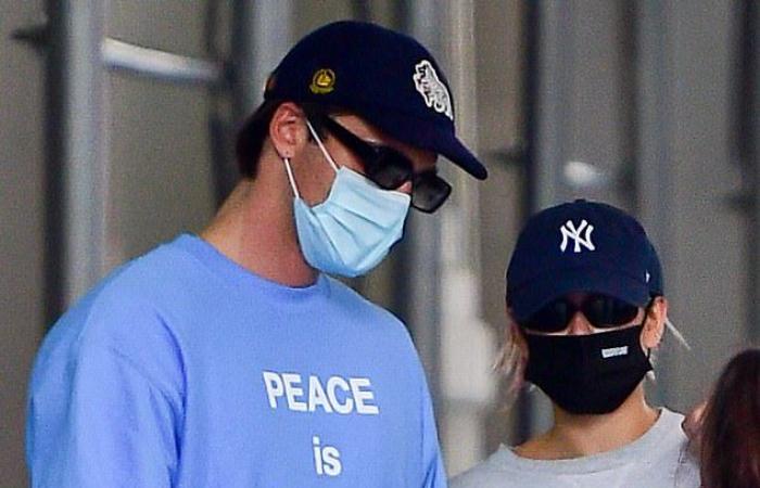 Kaia Gerber meets her boyfriend Jacob Elordi in blue while they...