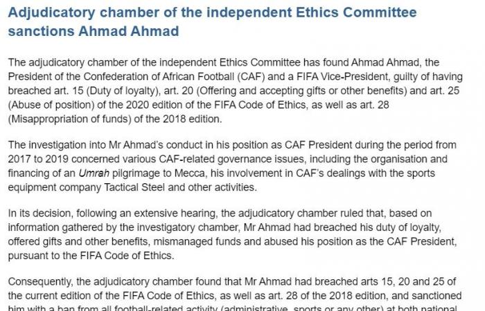FIFA decided to suspend Ahmed Ahmed, the president of CAF, for...