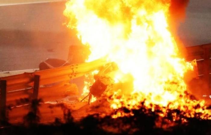F1 driver Romain Grosjean escapes after several seconds in the fire