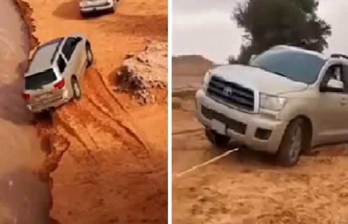 A Saudi escaped slipping into a torrent.. (Video)