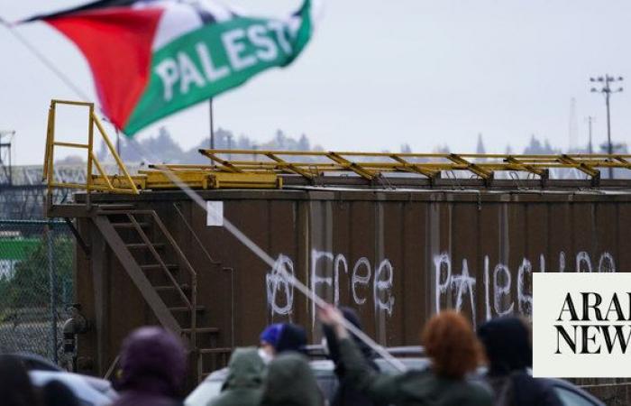 Protesters calling for Gaza cease-fire block road at Tacoma port while military cargo ship docks