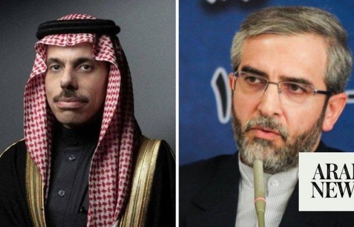 Saudi Arabia’s Prince Faisal speaks with Iranian acting foreign minister Ali Bagheri Kani