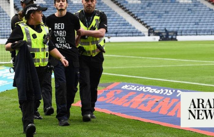 Gaza war protester ties himself to goalpost ahead of Scotland-Israel women’s football match