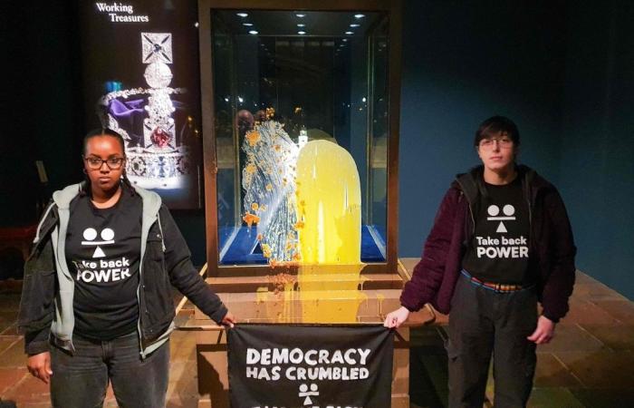 Custard‑splattering activists target Crown Jewels in a sticky show of dissent, ending in four arrests