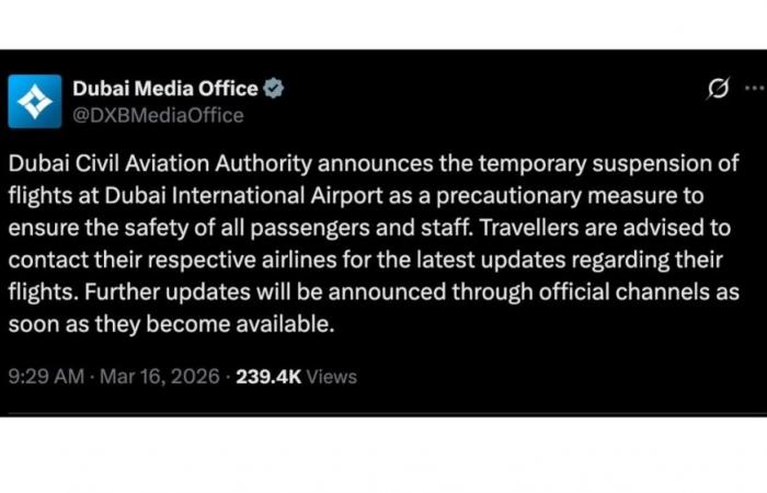 Flights temporarily suspended at Dubai’s airport following nearby drone incident