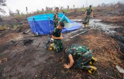 Firefighters kiss the ground as rain falls on Indonesia’s haze-hit city Palangkaraya, but dry spell may return