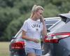 AFL WAG Julie Neale walks the dog after husband Lachie Neale...